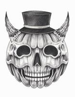Pumpkin skull with top hat and horns.This captivating artwork blends the imagery of a pumpkin and a skull, featuring a sophisticated twist with a top hat and demonic horns. vector