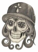 Modern catrina with cap day of the dead design by hand drawing and make graphic . vector
