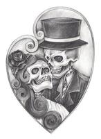 Eternal love couple skulls.This monochromatic illustration depicts two skeletons dressed in elegant attire, embracing each other within a heart-shaped frame. vector