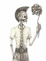 Skeleton with mohawk holding a masked skull.This monochromatic illustration features a skeleton with a punk-inspired mohawk hairstyle. vector