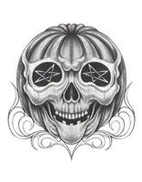 Haunted pumpkin skull art.This intricate illustration combines the features of a pumpkin and a skull, creating a unique and eerie fusion. vector