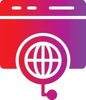 A red and purple icon with a globe and microphone vector