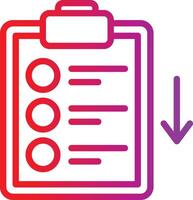 A clipboard with a check mark and an arrow pointing down vector