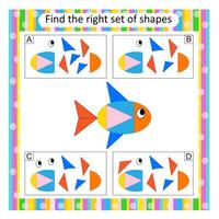Logic puzzle for children. Find the correct set of fish. Preschool worksheet activity. Answer is B. vector