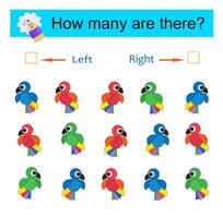 Left or Right. Educational game for kids. Count how many parrots are turned left and how many are turned right. vector