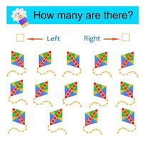 Left or Right. Logic game for kids. Count how many kites are turned left and how many are turned right. vector