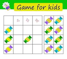 Puzzle task, game for preschool kids. Developing numeracy skills. Cartoon candy. vector