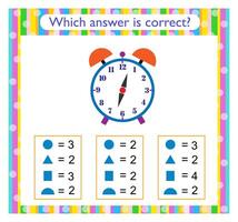 Math activity for kids. Find the correct answer. alarm clock. vector