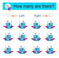 Left or Right. Educational game for kids. Count how many ships are turned left and how many are turned right. vector