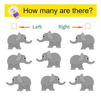 Left or Right. Educational game for kids. Count how many elephants are turned left and how many are turned right. vector