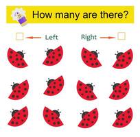 Left or Right. Educational game for kids. Count how many insects are turned left and how many are turned right. vector