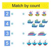 Math activity for kids. Developing numeracy skills. Count ships and match the numbers. vector