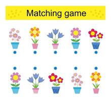 Matching game. Task for the development of attention and logic. Illustration of the flower pots. vector