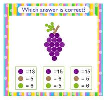 Math game for kids. Find the correct answer. Cartoon grape. vector