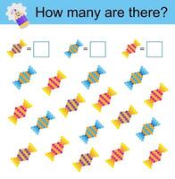 Math activity for kids. Developing numeracy skills. Cartoon candy. vector