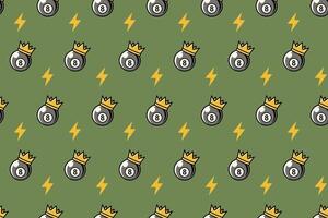 elegant billiard ball with golden crown, thunder bolt pattern on green background. pool black ball with gold crown, lightning object seamless pattern background for billiard decor and merchandise vector
