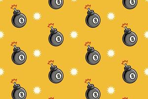 bomb with billiard ball and fire pattern on yellow background. pool black ball with bomb, burning flame object symbol seamless pattern background. for billiard decor and merchandise vector