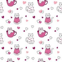 A seamless pattern featuring doodle-style cats in love, perfect for Valentine's Day prints, fabric, wrapping paper, and romantic designs vector