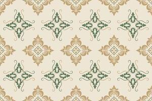 Seamless green and gold damask pattern background with vintage ornamental design. vector