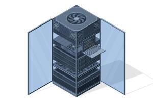 Isometric server. Server racks. Server boxes isolated. Network server room. Computer network technology. illustration vector