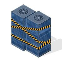 Isometric server maintenance. Server racks with warning tape. Isometric server under repair. illustration vector