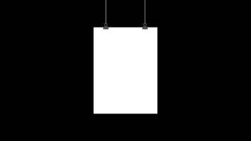 Paper hanging on clip animation. Poster mockup with white frame. Realistic empty banner. Seamless loop animation. Transparent background with alpha channel video