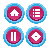 Interface menu pixel buttons. Retro game UI navigation panel, 8 bit sprite game app icons play pause menu settings options exit. Old school game symbols.isolated set vector