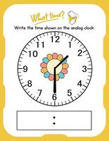 A clock with a flower on it and the words write the time down on the analog clock vector