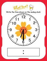 A clock with a flower on it and the words write the time on the analog clock vector