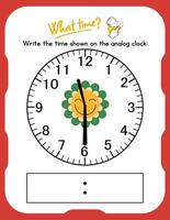 A clock with a green flower on it and the words write the time shown vector