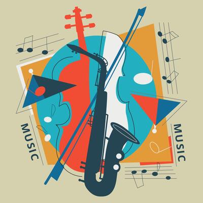 The music poster with cello and saxophone, geometric shapes and musical notes.