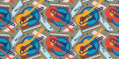 A musical geometric pattern in the style of constructivism. Vinyl, guitar, trombone, geometric shapes, sheet music. For textiles, wrapping paper, postcards, invitations vector