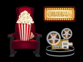 Realistic popcorn on seat with black background, popcorn concept and entertainment in cinema. 3D popcorn for Poster design, advertisement, web banner, billboard and etc. vector