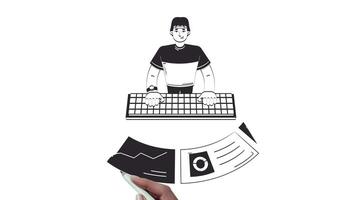 Data analytics business reports hand drawn whiteboard sketch animation. Key performance indicators analysis 4K . Computer analyst typing keyboard animated handdrawn concept pencil drawing video