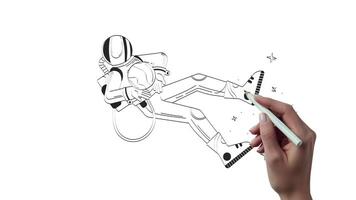 Helmet astronaut floating in space hand drawn whiteboard sketch animation. Spaceman universe exploration 4K . Cosmonaut surrounded by cosmic planets animated handdrawn concept pencil drawing video