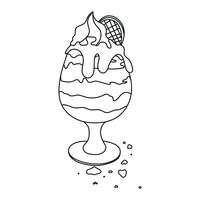Ice cream in glass with cookie cream and waffle in doodle style Line art Hand drawn frozen dessert vector