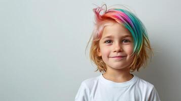 studio portrait schoolgirl with short colorful hair in front of light background, wear in white t shirt photo