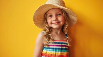 studio portrait of little blond girl, stay in straw hat with large brim and rainbow colored summer dress photo