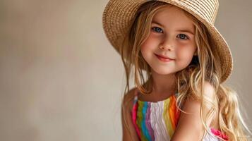 studio portrait of little girl, stay in straw hat with large brim and rainbow colored summer dress photo