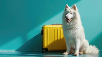 indoor shoot samoyed dog sit near yellow suitcase, vacation concept photo