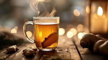 a glass of ginger tea placed on a wooden table photo