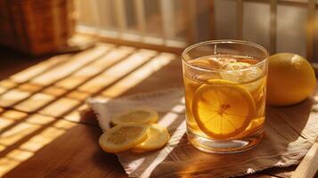 a glass of ginger tea placed on a wooden table photo