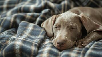 portrait weimaraner rest on plaid, autumn core photo