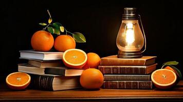 Orange and books on a table with a lamp photo
