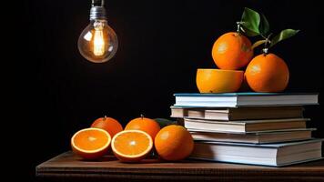Books and oranges with light bulb photo