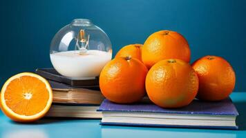 A pile of books and oranges on a table photo