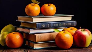 Books, oranges and apples on a table photo