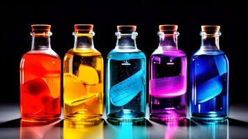 Five colorful bottles of liquid on a black background photo