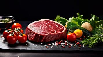 A steak is sitting on a black slate with vegetables photo