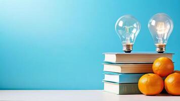 Books with light bulbs and oranges on blue background photo